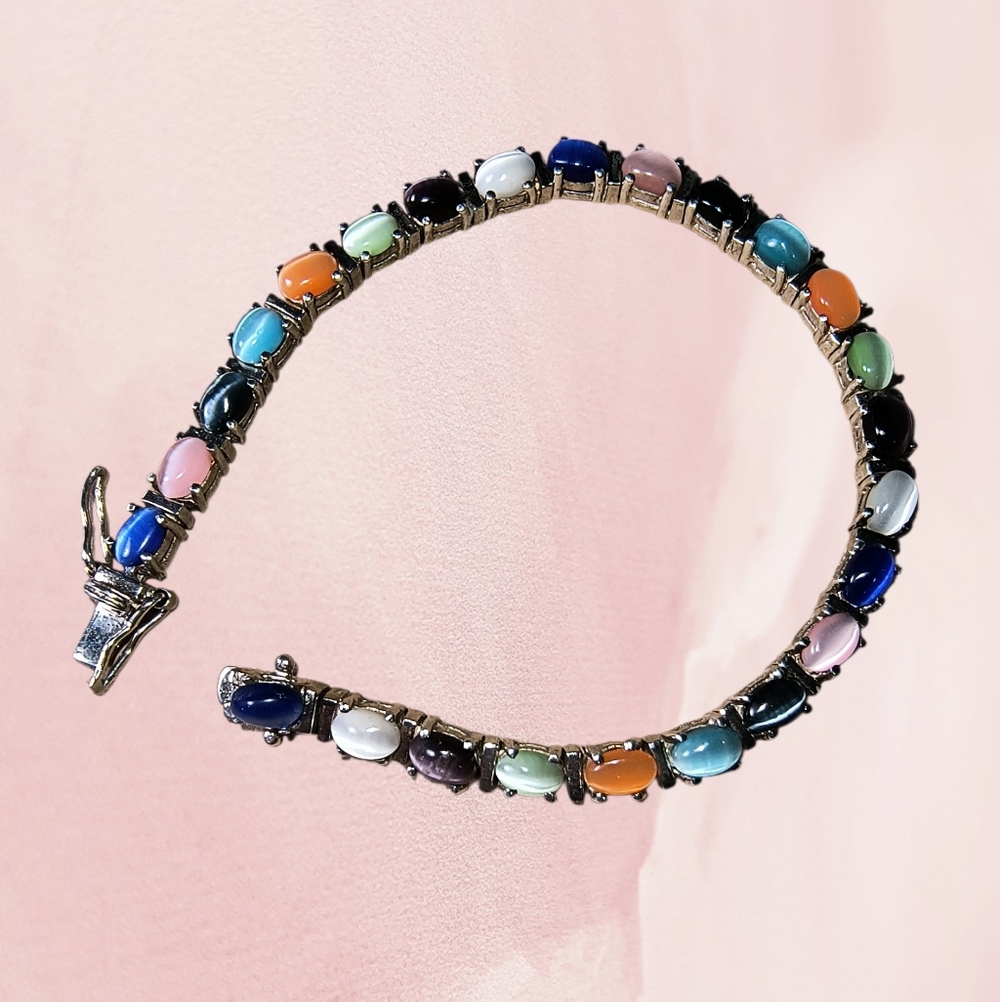 Sterling Silver & Cat's Eye Glass Link Tennis Bracelet